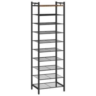 رف الأحذية, 10 منظم الأحذية الضيق من المستوى, وحدة تخزين رف الأحذية مع 9 أرفف المعادن, توفير مساحة, يمسك 18-22 أزواج من الأحذية, للدخول, المدخل, التجميع سهل, بني ريفي