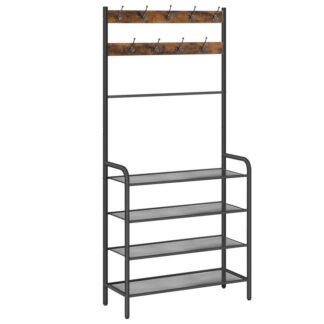 4-Tier Coat Rack and Shoe Rack, Hall træ, Opbevaring af indgangssko, Skoarrangør, Frakke træ stå med 9 Metal frakke kroge, til gangen, Soveværelse sovesal, Nem montering