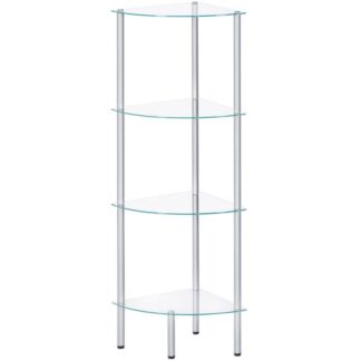 Scaffale d'angolo, 4-unità di scaffale in piedi, scaffale da bagno in vetro indipendente, risparmio di spazio, stile moderno, per il bagno, soggiorno, camera da letto, sala studio, argento