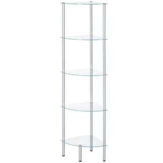 Scaffale d'angolo, 5-unità di scaffale in piedi, scaffale da bagno in vetro indipendente, risparmio di spazio, stile moderno, per il bagno, soggiorno, camera da letto, sala studio, argento