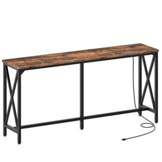1.8m Rustic Brown and Black Bar Table, Kitchen Dining Table with Power Outlet and Footrest, Industrial Style, for Pub, Living Room