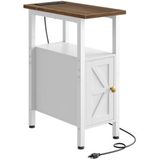 White Narrow End Table with Charging Station, Farmhouse Nightstand for Small Spaces, Slim Beside Table, with 2 AC Outlets, 1 USB and 1 Type-C Port, for Living Room, Bedroom