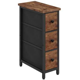 Rustic Brown and Black Narrow Side Table with 3 Fabric Drawers, Industrial Style Slim Bedside Table for Small Spaces, Bedroom, Living Room, Dormitory