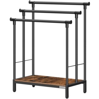 Blanket Rack, Free Standing Towel Rack with Shelf, 3 Tier Towel Stand Blanket Holder, Metal Blanket Ladder for Bathroom, 26.4" L x 11.8" W x 29.3" H, Rustic Brown and Black