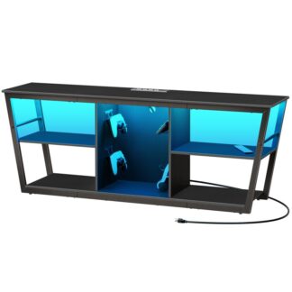 ТВ -стенд с выходом с питанием и светодиодными огнями, 3-Уровень развлекательного центра для 65" Телевидение, Столик медиа -консоли с 2 USB -порты для PS5, Геймпад, Гостиная, Спальня, E-Sports Room, Черный