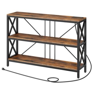 Industriestil -Konsolentisch mit Ladestation, Rustikaler brauner und schwarzer 3-stufiger Eingangstisch, Industrial -Sofa -Schreibtisch, Flurway Desk mit 2 AC-Steckdosen und 2 USB -Ports Metallrahmen