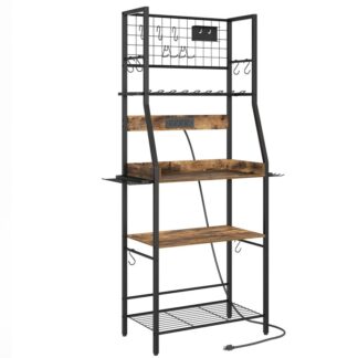 منظم أدوات الطاقة الكبير مع محطة الشحن, 4 تنظيم أدوات المرآب ورف التخزين, حامل الحفر, رف أدوات معدني شديد التحمل مزود بخطافات, للجراج, ريفي براون