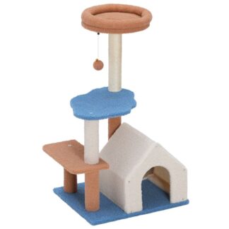 small cat tree for indoor cats, mini cat tower, cute cat condo for kittens under 8 lb, multi-level cat house with cat scratching post, dangling ball, dull blue and earth brown