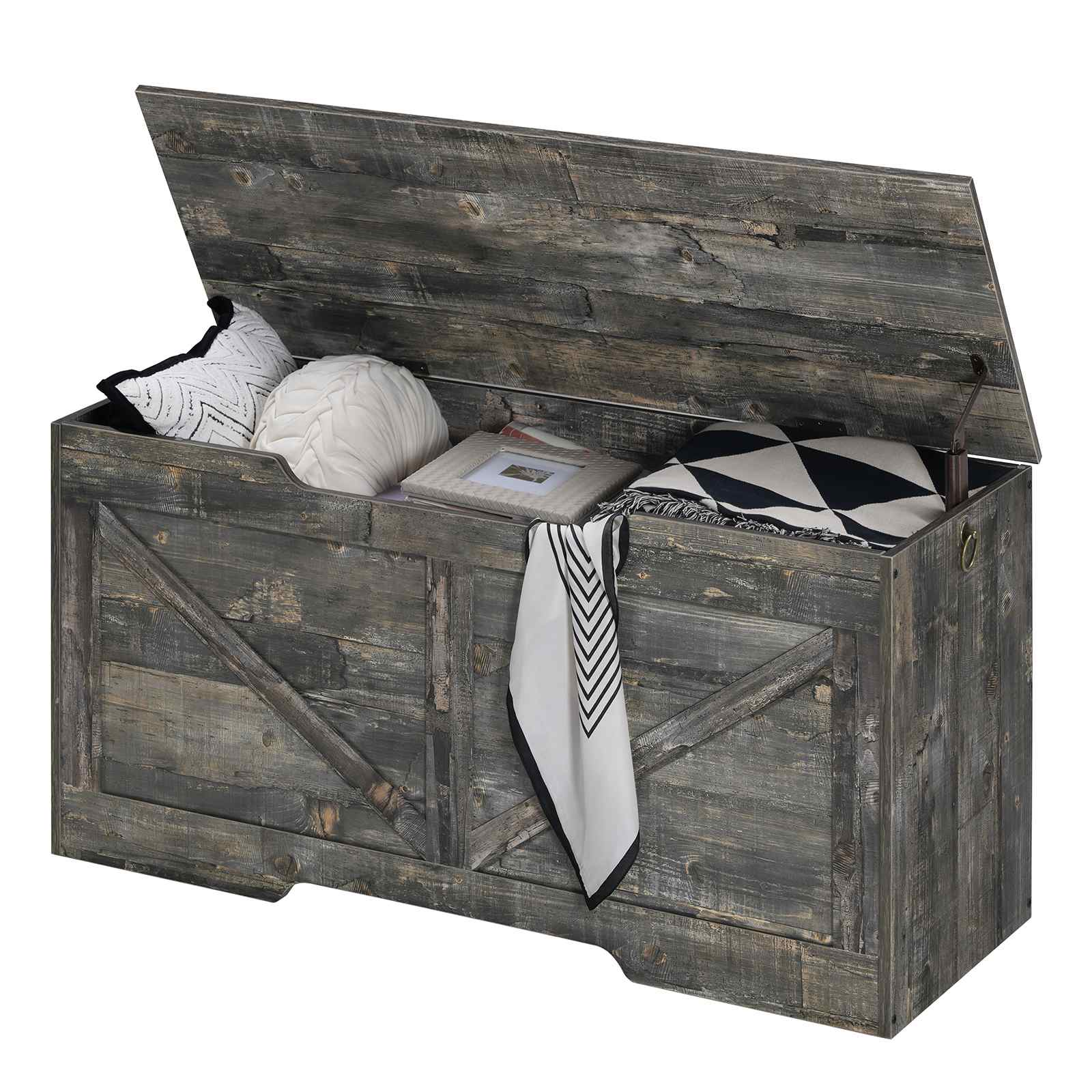 Banc de rangement HOOBRO, 39.4" Coffre de rangement rétro en bois avec poignée découpée en forme de U, Charnière de sécurité, Les soutiens 220 lb et assemblage facile pour organisateur de coffre à jouets (Gris Vintage)