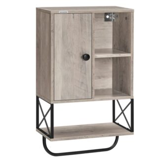 bathroom wall cabinet, medicine cabinet with single door and adjustable shelf, wall mounted over the toilet space saver storage cabinet with open shelf, bathroom organizer, greige