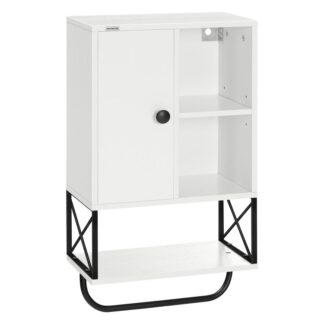 Houten boerderijmedicijnkastje met schuurdeur, Wandgemonteerde opbergkast met verstelbare plank en handdoekbeugel, 3-Niveaukast met open planken voor badkamer, Woonkamer, Wit