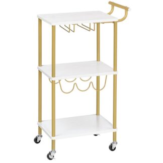 3-Tier Golden Bar Cart, Hjemmebar serveringsvogn, Rullende drikkevogn med vinholdere & Glasholder, Vinvogn til køkken spisestue, Stue, Fester, Guld og hvid