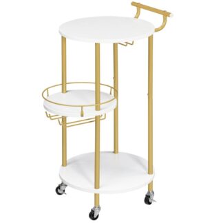 عربات شريط مع أرفف تخزين 3 مستويات, عربة تقديم بار متنقلة مع رف النبيذ وحامل زجاجي, للمنزل, مطبخ, غرفة الجلوس, غرفة العشاء, الذهب والأبيض