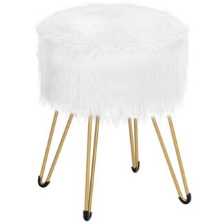 ottomana con deposito, sgabello bianco soffice per tavolo da toeletta, porta rotonde, Tabella laterale multifunzionale, cuscino di spugna, gambe metalliche, per soggiorno e camera da letto, bianco e oro