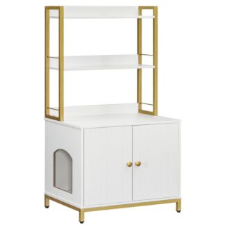 حاوية صندوق القمامة الأبيض والذهبي مع الرفوف, أثاث القمامة الخشبية للأثاث, صندوق القمامة المخفي الكبير مع الأبواب, دولاب تخزين, بالنسبة لمعظم صندوق القمامة