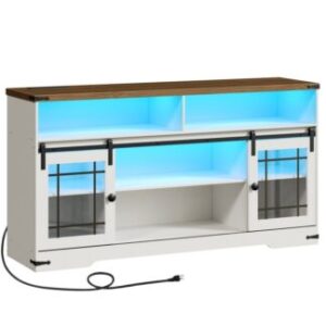 Farmhouse TV Stand for 70 Inch TV, Rustic Entertainment Center with Barn Doors, White Farmhouse TV Stand for Living Room, Media Console TV Cabinet with LED Lights & Power Outlet