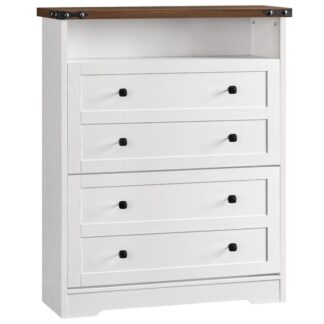 White and Walnut Shoe Cabinet Storage for Entryway, Farmhouse Shoe Cabinet with 2 Flip Drawers, Freestanding Shoe Organizer, Hidden Narrow Shoes Storage Cabinet, Slim Shoe Cabinet