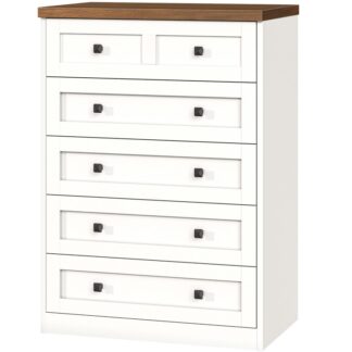 Farmhouse 5 Drawers Dresser for Bedroom, 44" Tall Chest of Drawers, White Dressers for Bedroom, Wooden Storage Dressers with Drawers, Chest of Drawers for Bedroom, White and Walnut