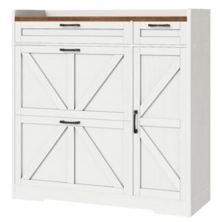 خزانة تخزين أحذية المزرعة, تخزين خزانة الأحذية للمدخل, منظم أحذية قائم بذاته مع 2 أدراج الوجه, خزانة أحذية ضيقة مع خزانة جانبية قابلة للتعديل, الأبيض والجوز