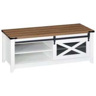 طاولة قهوة مزرعة بيضاء, 47" طاولات قهوة الحظيرة لغرفة المعيشة, طاولة القهوة مع أبواب الحظيرة, طاولة مركز غرفة المعيشة مع أرفف قابلة للتعديل, مستطيل, الأبيض والجوز