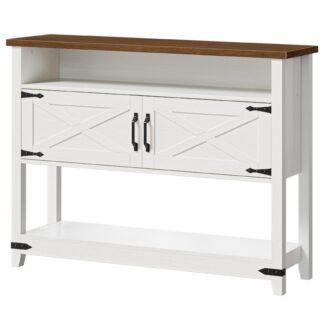 طاولة مدخل المزرعة مع مساحة تخزين, طاولة أريكة ضيقة مع خزائن, طاولة كونسول بيضاء للمدخل, المدخل, غرفة الجلوس, طاولة أريكة مع أبواب, لهجات معدنية, الأبيض والجوز