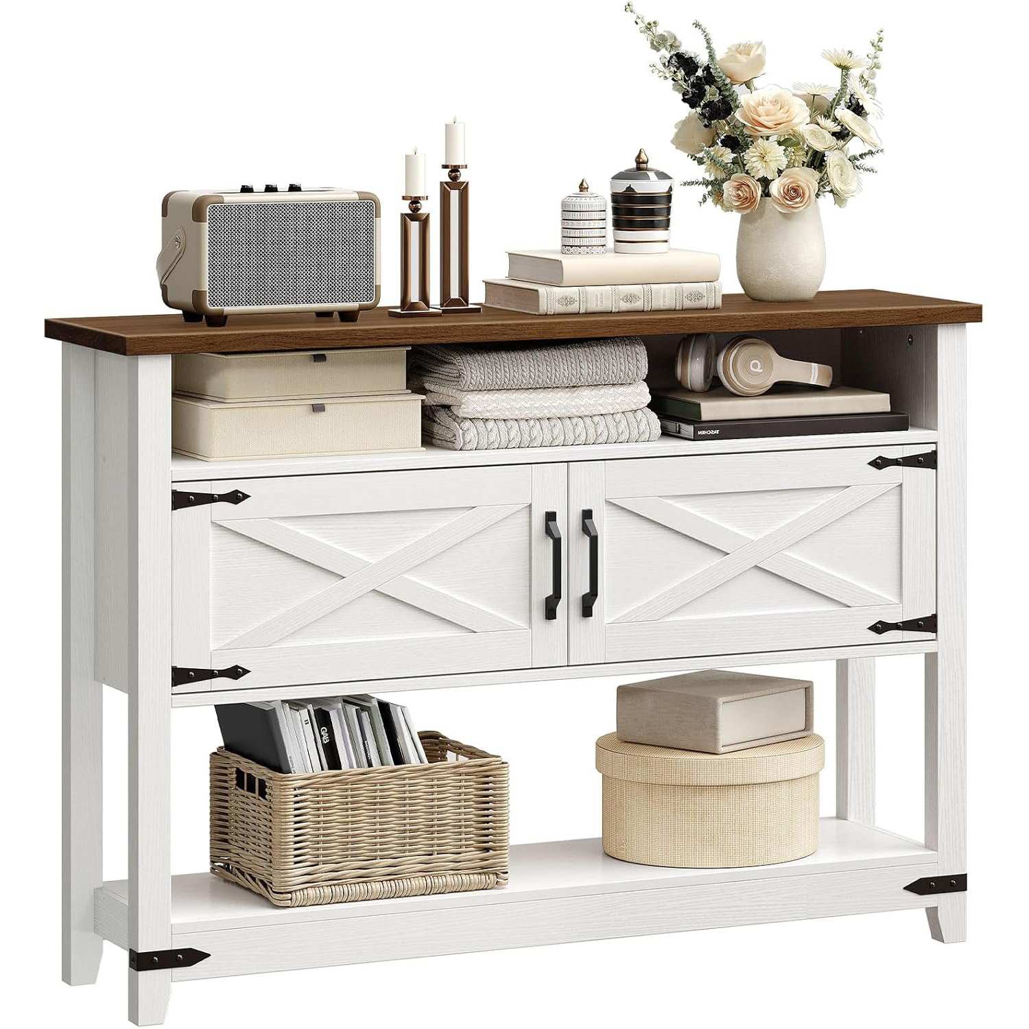 Farmhouse-Style Entryway Console Table with Storage Cabinets, Narrow Sofa Table with Metal Accents, Multi-Functional Storage Solution for Entryway, Gang & Wunnzëmmer, Wäiss & Walnuss Finish