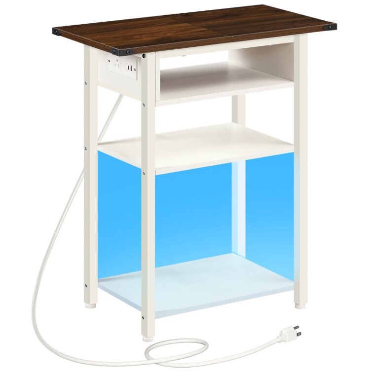 End Table with Charging Station, Narrow Side Table Storage Shelf, Skinny Nightstand with LED Light, Slim Bedside Table for Bedroom, Living Room, Small Spaces, Walnut and White
