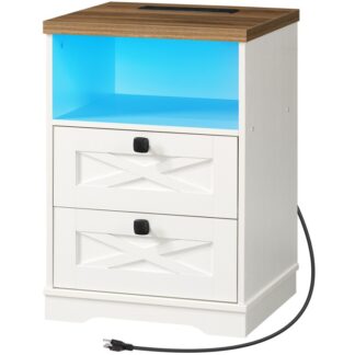 منضدة مع محطة الشحن اللاسلكية وأضواء LED, طاولة نهاية المزرعة مع 2 الأدراج والجرف المفتوح, طاولة جانبية LED ذكية مع اتصال لاسلكي وUSB لغرفة النوم, أبيض عتيق