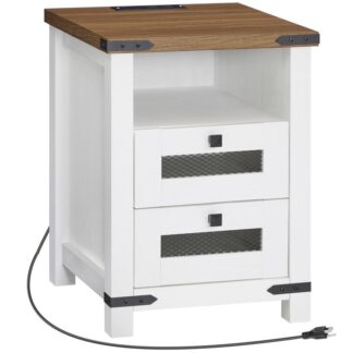 Farmhouse Nightstand مع محطة الشحن, الجدول النهائي مع 2 الأدراج والتخزين المفتوح, 18'' طاولة جانبية مزرعة مع منافذ وموانئ USB, يذاكر, الأبيض والجوز
