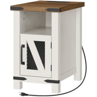 Farmhouse Narrow Side Table with Charging Station, End Table with Storage Cabinet, Nightstand with USB Ports and Outlets, for Small Spaces, Living Room, Bedroom, White and Walnut
