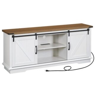 Farmhouse TV -állvány teljesítményű üzletekkel 75 hüvelyk, Modern szórakoztató központ csúszó pajta ajtóval és tárolószekrényekkel, Média TV konzol asztal a nappalihoz, Fehér és dió