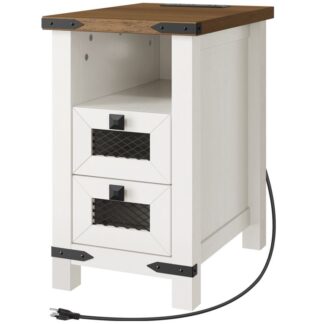 End Table with Charging Station, Farmhouse Narrow Side Table with Storage Drawers, Nightstand with USB Ports and Outlets, for Small Spaces, Living Room, Bedroom, White and Walnut