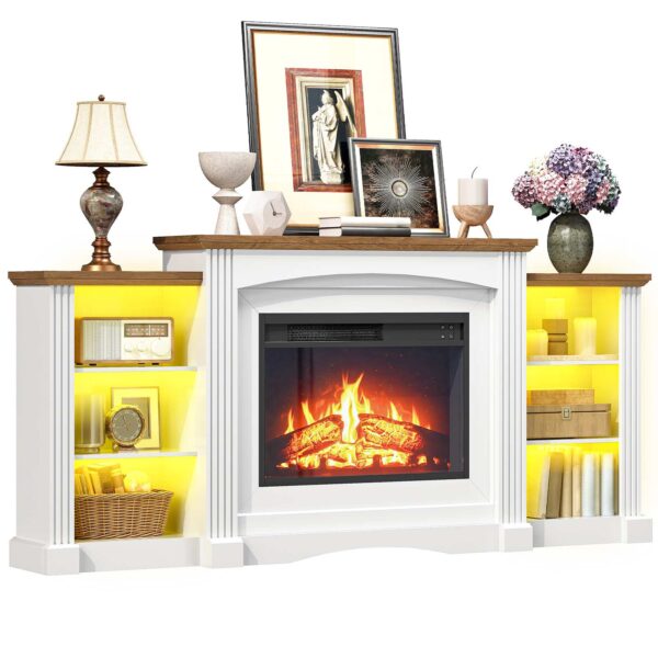 HOOBRO Electric Fireplace with Mantel, Fireplace TV Stand with Led Light, 74" Farmhouse Entertainment Center with Storage, Realistic Stacked Stone Surround and 3D Flame for Living Room, Bedroom