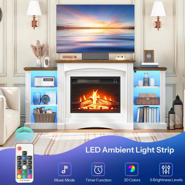 HOOBRO Electric Fireplace with Mantel, Fireplace TV Stand with Led Light, 74" Farmhouse Entertainment Center with Storage, Realistic Stacked Stone Surround and 3D Flame for Living Room, Bedroom