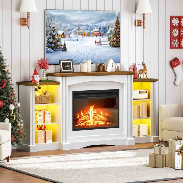 HOOBRO Electric Fireplace with Mantel, Fireplace TV Stand with Led Light, 74" Farmhouse Entertainment Center with Storage, Realistic Stacked Stone Surround and 3D Flame for Living Room, Bedroom