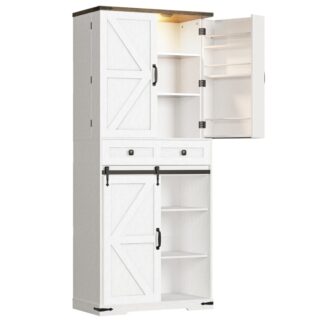 Comh -aireachta pantraí cistine feirme, 71.6 Comh -aireachta stórála le solas faoi stiúir agus doras scioból sleamhnáin, Comh -aireachta pantry le seilf agus tarraiceán inchoigeartaithe, don Chistin, Seomra bia, Bán agus