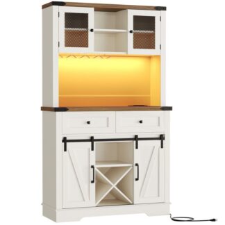 Высокий кофейный шкаф, Барный шкаф в фермерском доме со светом и розеткой, 70.8" Шкаф-буфет с хранилищем, Раздвижная дверь сарая, Стойка для стекла и вина, 2 Ящики, Белый и Орех