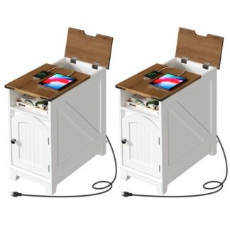 Набор узких торцевых столов 2, Тонкий приставной столик для гостиной, Тумбочка в фермерском доме с зарядной станцией, Торцевые столики для гостиной, Приставной столик для дивана для небольших помещений, флип-топ, Белый и Орех