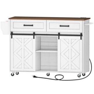جزيرة المطبخ مع مخرج طاقة, Rolling Kitchen Island مع أبواب الحظيرة, عربة المطبخ على عجلات, طاولة جزيرة المطبخ مع درج, رفوف مفتوحة, للمطبخ, الأبيض والجوز