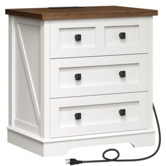 White and Walnut Farmhouse Nightstand with 3 Drawers, 23.6 Inch Wide End Table with Charging Station, Large End Table for Bedroom, Living Room, White Wooden Bedside Table