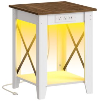 Farmhouse End Table with Charging Station and LED Light, 17.7" Square Sofa Side Table with Open Storage Shelves, Rustic Wooden Nightstand for Living Room, Bedroom, White and Walnut