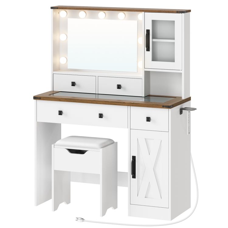 White Vanity Desk with Mirror, Lights and Charging Station, Glass Top Makeup Vanity Set with Drawers, Vanity Dressing Table with Mirror, Stool & Hair Dryer Stand, White and Walnut