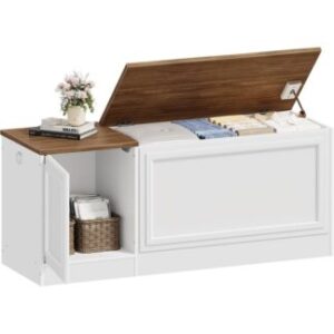 Storage Bench, White and Walnut Wooden Toy Box Organizer, Farmhouse-Style Storage Chest, Toy Chest with Safety Hinge, Entryway Bench, for Living Room, Bedroom, Hallway