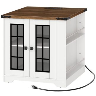 Farmhouse -Endtisch mit Ladestation, 24" Großer Sofa -Beistelltisch mit Seitenregalen, Quadratischer Nachttisch mit Gla -Scheunentür, Großer Nachtstand für Wohnzimmer, Weiß und Walnuss