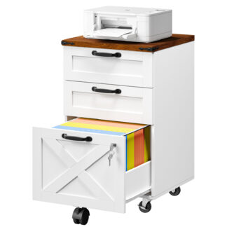 HOOBRO 3 Drawer File Cabinet with Lock, Mobile Farmhouse Filing Cabinet for A4/Letter Size, Under Desk Rolling Office Cabinet, Printer Stand with Storage for Home Office, White and Walnut