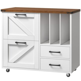 White Lateral File Cabinet, Wooden Mobile Lateral Filing Cabinet with 4 Drawers, Printer Stand with File Cabinet, Fit A4, Letter Size, Farmhouse Filing Cabinets for Home Office