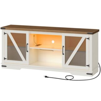 Farmhouse TV állvány 75 hüvelykes TV, TV -állvány LED -es lámpákkal és aljzatokkal, Media Entertainment Center for Living Room, TV-konzolasztal, TV állvány tárolóval, Fehér és dió