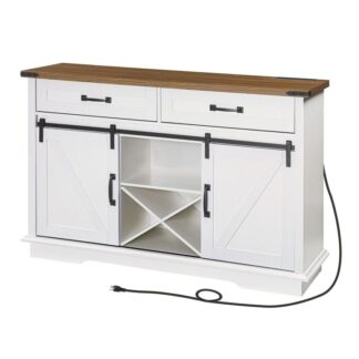 Шкаф для винного бара с розеткой питания, 53.9-дюймовый кофейный шкаф с 2 ящики, раздвижные двери сарая, Держатели и винную стойку для x, Стиль фермы, Белый и грецкий орех