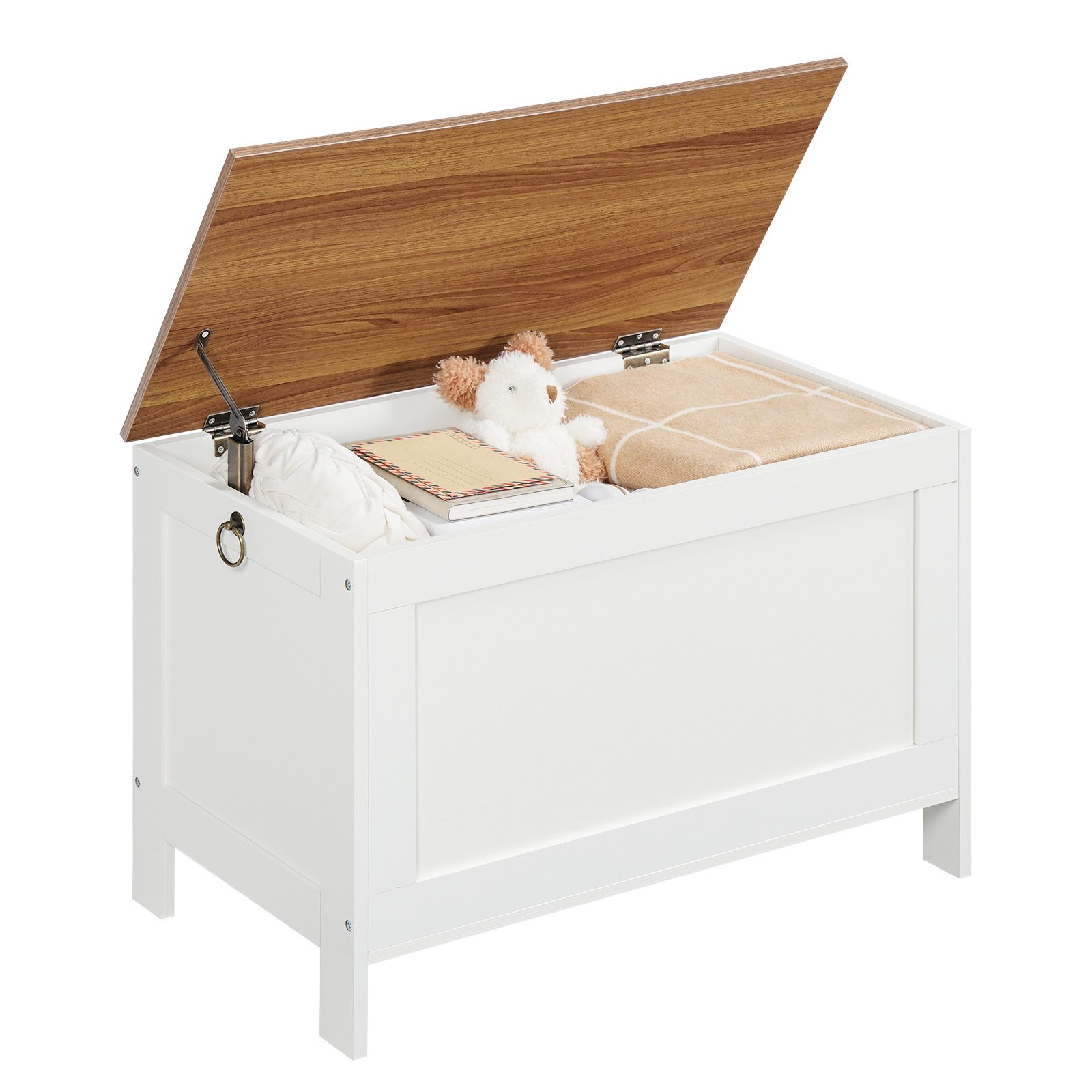 HOOBRO Toy Box, Retro Holz Look Späicherkëscht mat Sécherheetsscharnier, Entréeway Späicherbank ënnerstëtzt 220 lb, 29.9 x 15.7 x 18.9 Zoll Toy Këscht Organizer, Einfach Assemblée (Wäiss a Walnuss)