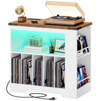 HOOBRO Large Record Player Stand with Charging Station & LED Lights, Vinyl Record Storage Cabinet with 21 Color Light Strip, Turntable Holder for Living Room, Bedroom, Walnut and White
